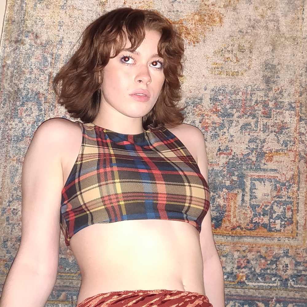 Cropped Plaid High Neck Tank